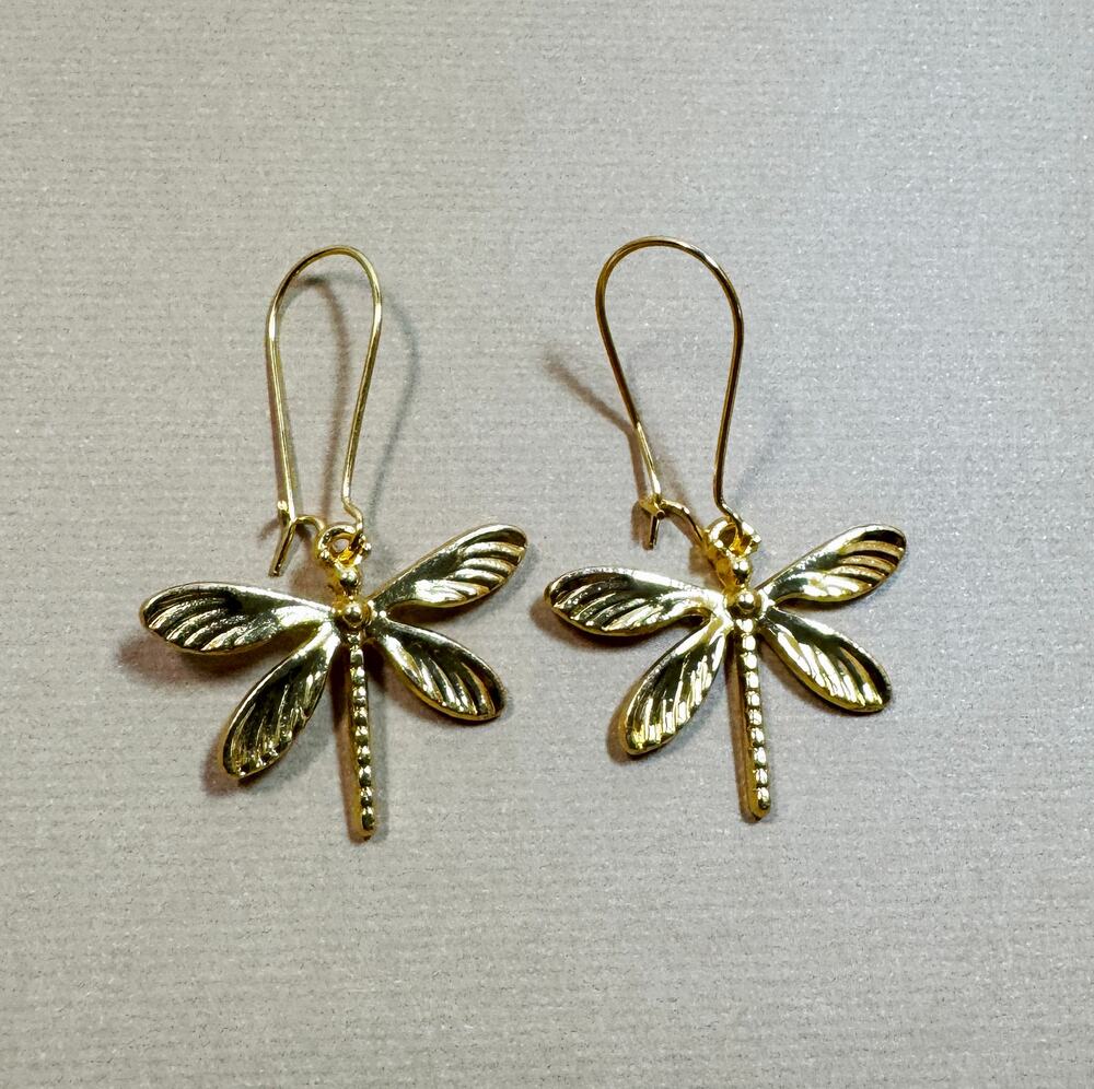 Gold Firefly Dangle Earrings Dragonfly Insect Drop Earrings 1.75" E307